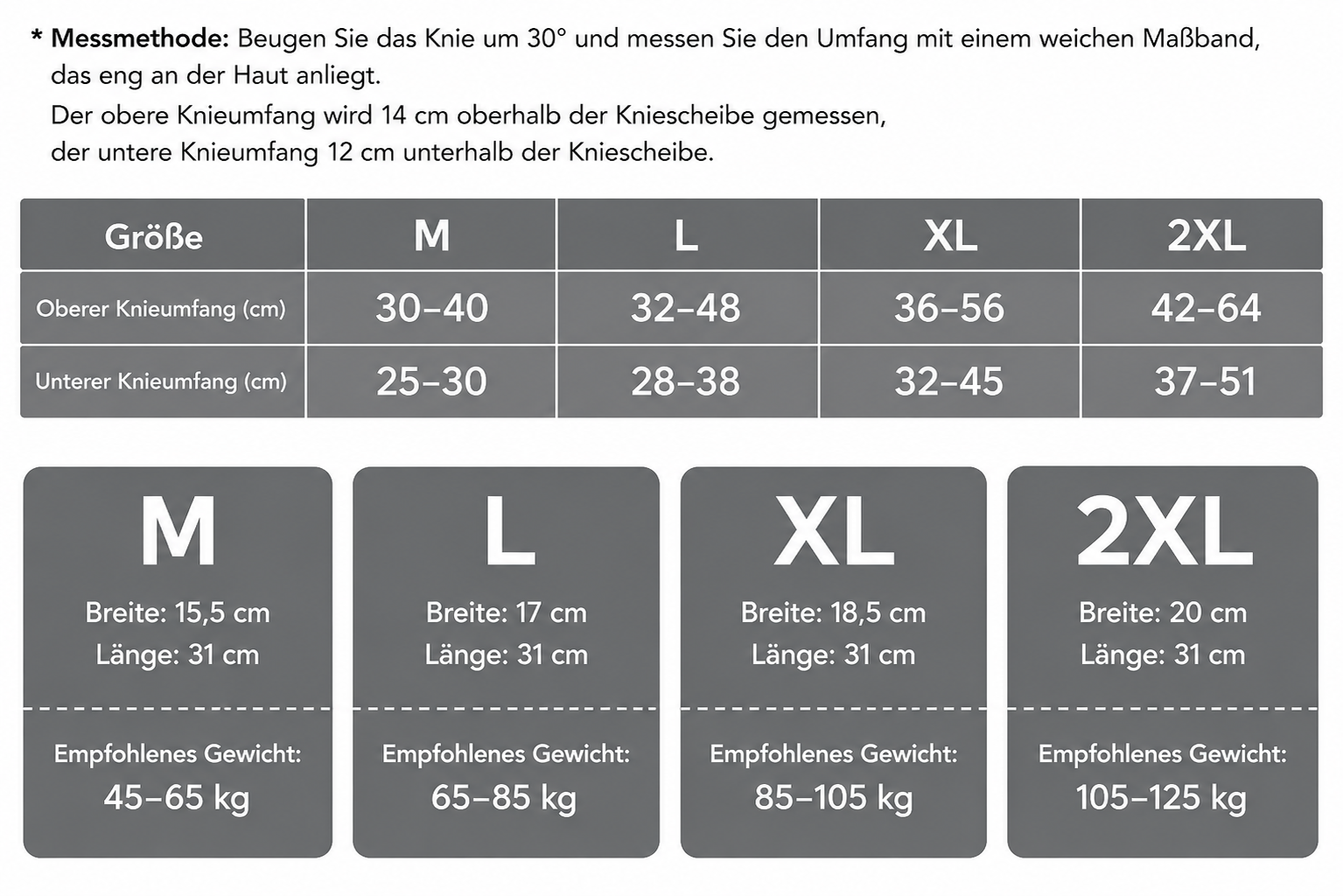 Knevro Größentabelle – Oberer und unterer Knieumfang sowie empfohlenes Gewicht