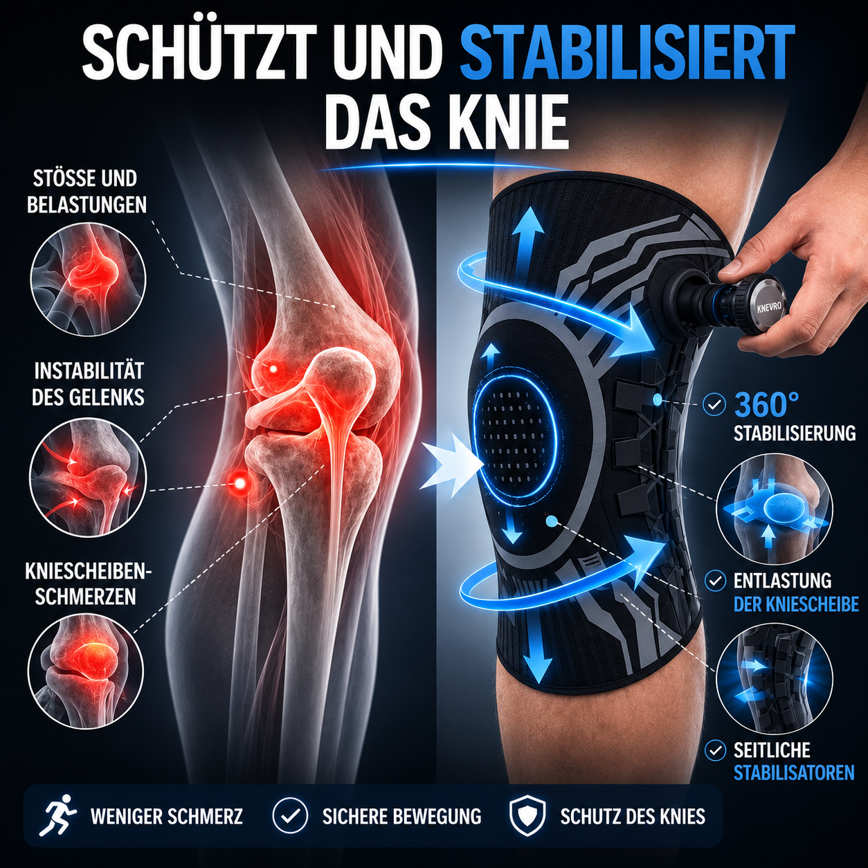 Knevro schützt und stabilisiert das Knie – 360° Stabilisierung